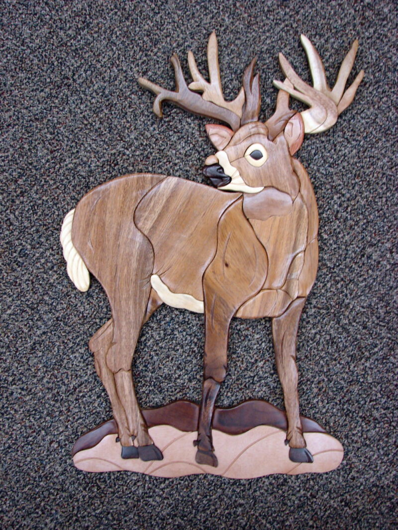 Large Solid Wood Intarsia Inlaid Wood Deer Standing Buck Picture, Moose-R-Us.Com Log Cabin Decor