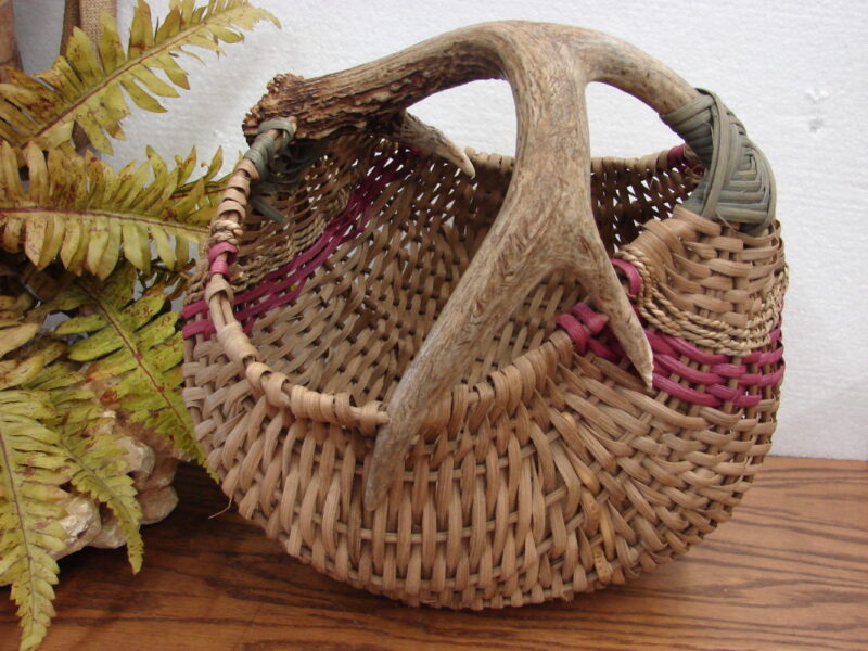 Woven Split Reed Round Deer Antler Basket Hearth Arrangement, Moose-R-Us.Com Log Cabin Decor