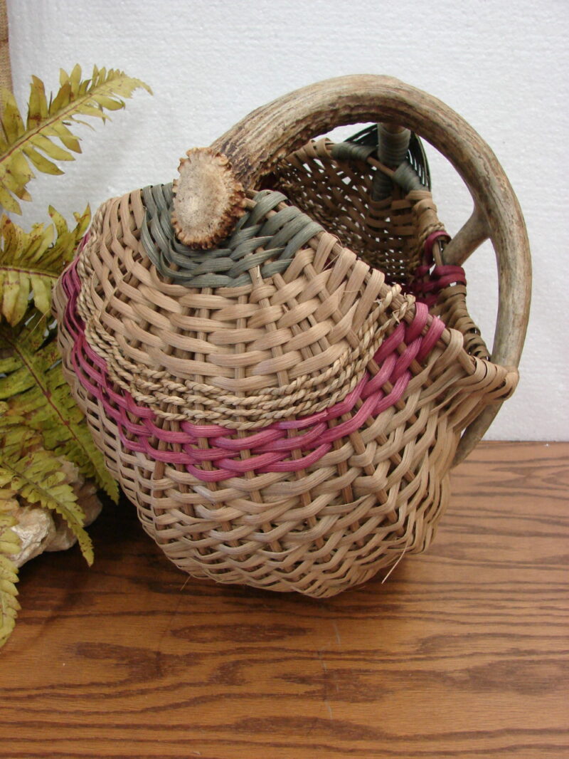 Woven Split Reed Round Deer Antler Basket Hearth Arrangement, Moose-R-Us.Com Log Cabin Decor