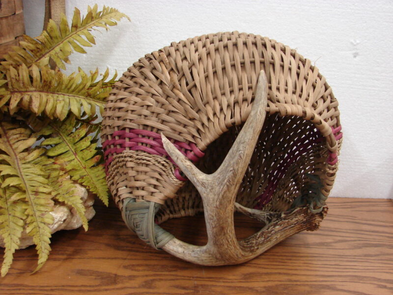 Woven Split Reed Round Deer Antler Basket Hearth Arrangement, Moose-R-Us.Com Log Cabin Decor