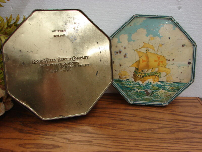 Vintage Loose Wiles Biscuit Sunshine Company Tin Tall Ships at Sea Octagon w/ lid, Moose-R-Us.Com Log Cabin Decor