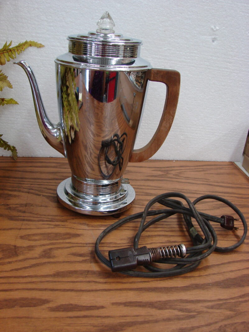 Vintage Retro Manning Bowman Chrome Teak Handle Art Deco Coffee Percolator, Moose-R-Us.Com Log Cabin Decor