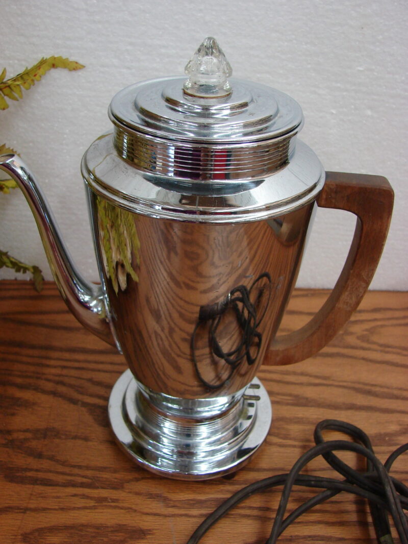 Vintage Retro Manning Bowman Chrome Teak Handle Art Deco Coffee Percolator, Moose-R-Us.Com Log Cabin Decor