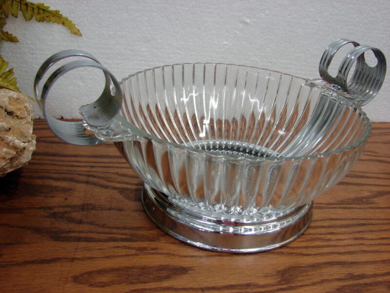 Vintage Anchor Hocking AHC37 Art Deco MCM Ribbed Bowl w/ Chrome Curved Holder, Moose-R-Us.Com Log Cabin Decor