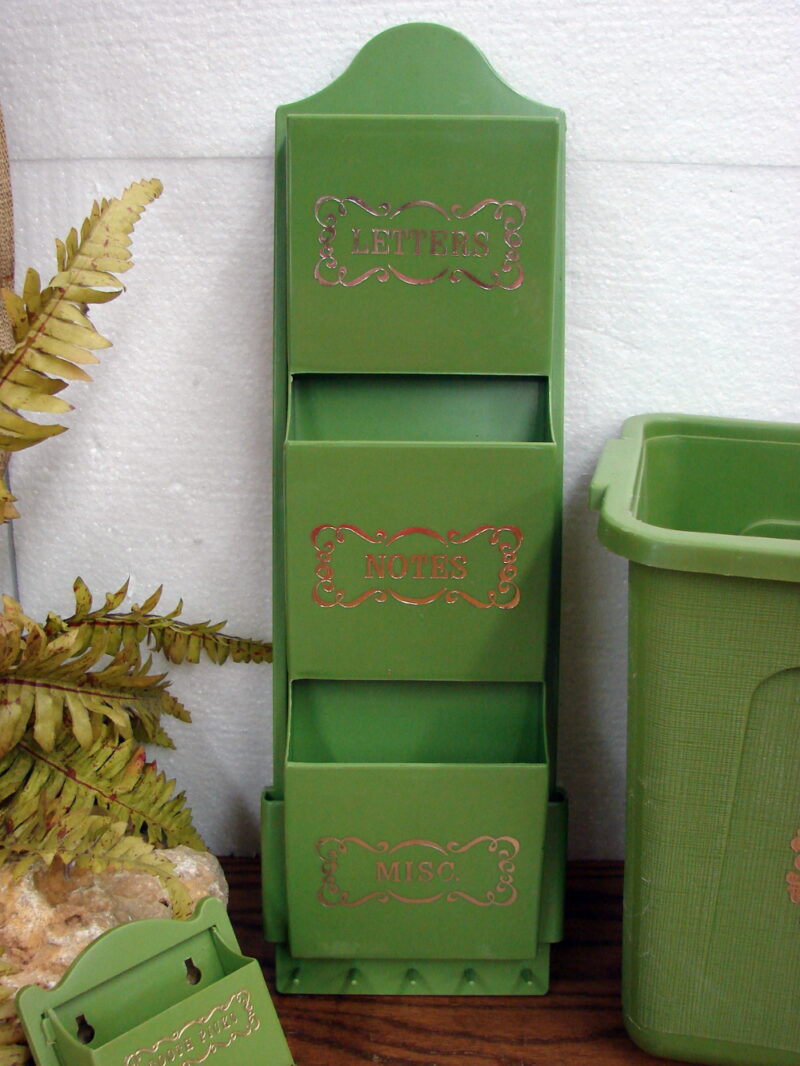 Vintage Fesco Letter Toothpick Trash Can Set Avocado Green MCM Gold Trim, Moose-R-Us.Com Log Cabin Decor