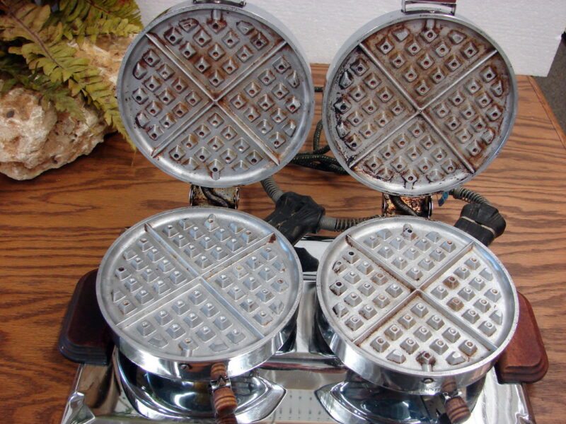 Vintage Art Deco Chrome Double Waffle Maker Baker Electric Dominion Electrical, Moose-R-Us.Com Log Cabin Decor