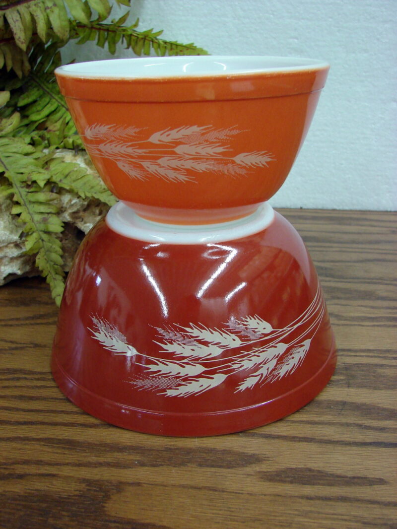 Vintage PYREX Wheat Nesting Mixing Bowl Set 401 402 Orange Tones, Moose-R-Us.Com Log Cabin Decor