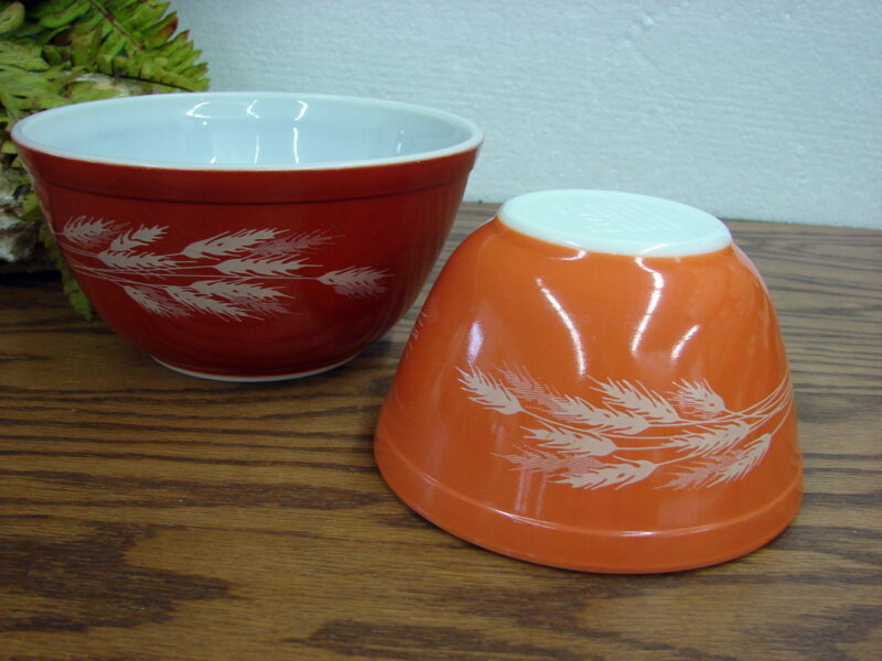 Vintage PYREX Wheat Nesting Mixing Bowl Set 401 402 Orange Tones, Moose-R-Us.Com Log Cabin Decor