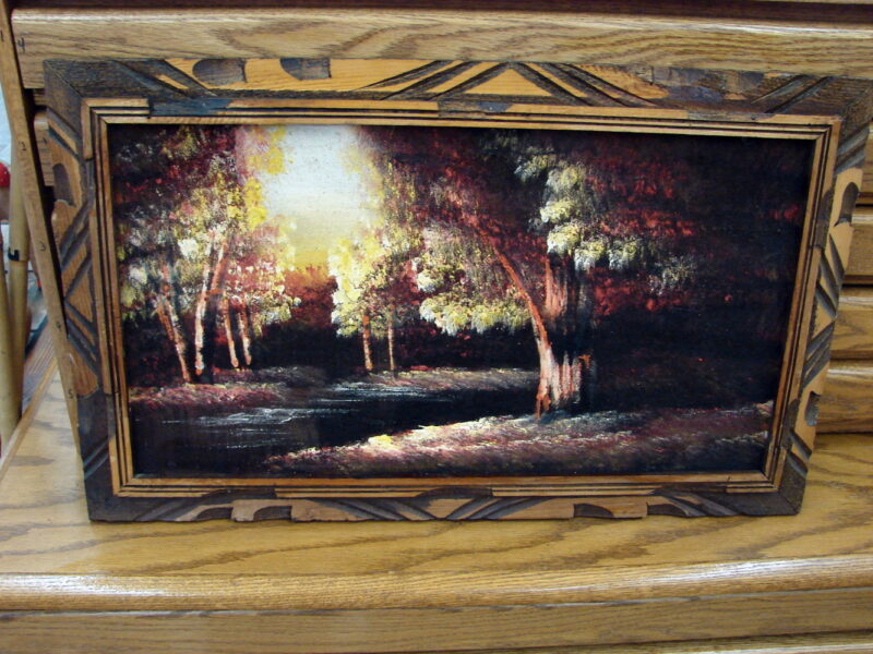 1970&#8217;s Black Velvet Original Painting Sunset Forest Wood Carved Mexico Frame, Moose-R-Us.Com Log Cabin Decor