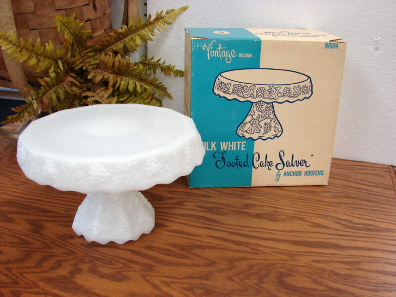 Vintage Anchor Hocking Milk Glass Grape Footed Pedestal Cake Stand NIB, Moose-R-Us.Com Log Cabin Decor