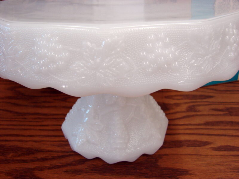 Vintage Anchor Hocking Milk Glass Grape Footed Pedestal Cake Stand NIB, Moose-R-Us.Com Log Cabin Decor