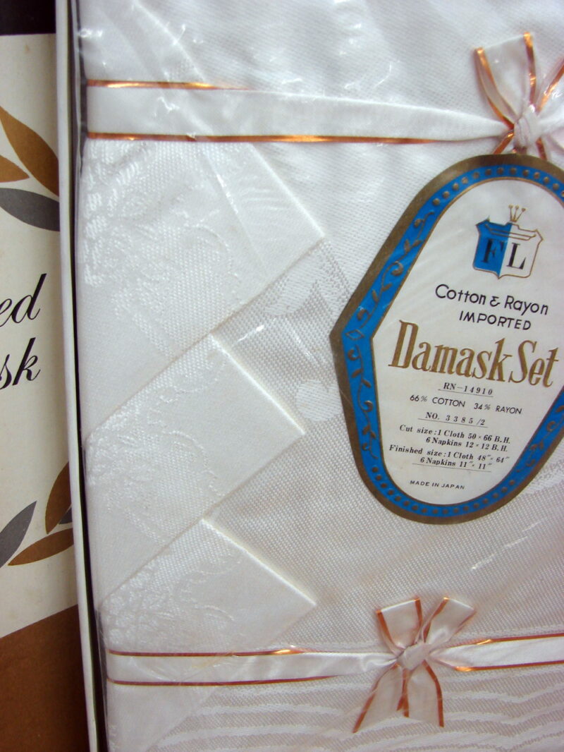 Vintage NIB Damask Set 1950&#8217;s Wedding Gift 48 x 64 Table Cloth &#038; Napkins, Moose-R-Us.Com Log Cabin Decor