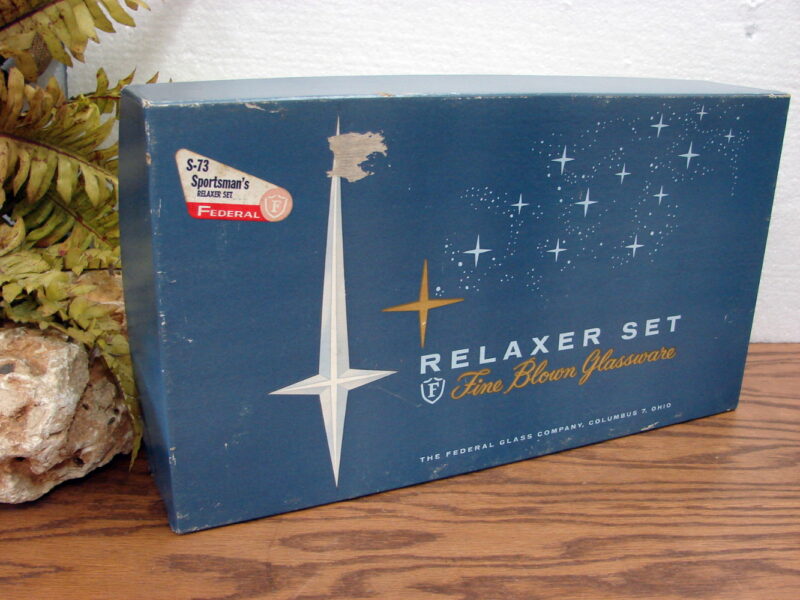 Vintage Federal Glass Sportsman Relaxer Set Fine Blown Glassware Pilsner NIB, Moose-R-Us.Com Log Cabin Decor