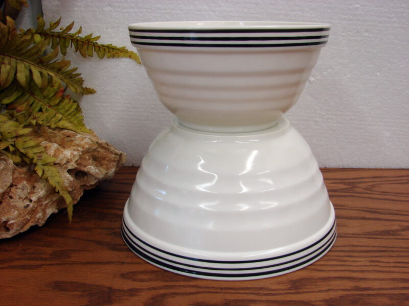 Vintage Fire King Anchor Hocking Milk Glass Vitrock Black Stripe Mixing Bowl Nest, Moose-R-Us.Com Log Cabin Decor