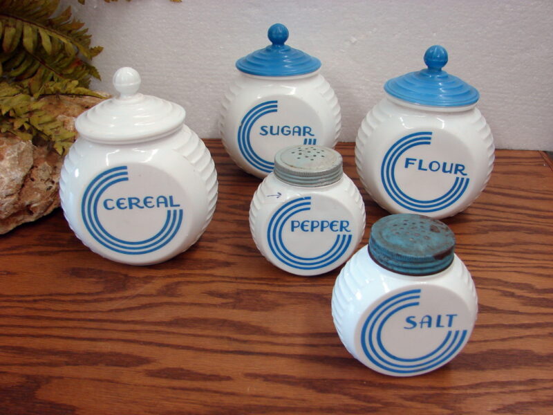 Vintage Fire King Anchor Hocking Milk Glass Vitrock Blue Circle Hoosier Accessories, Moose-R-Us.Com Log Cabin Decor