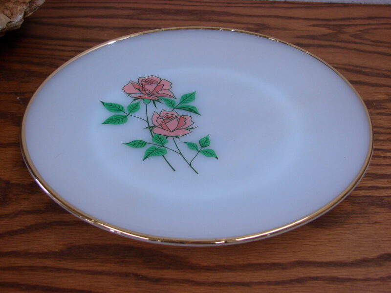 Vintage Fire King Milk Glass Anniversary Pink Rose Gold Trim 10&#8243; Dinner Plate, Moose-R-Us.Com Log Cabin Decor