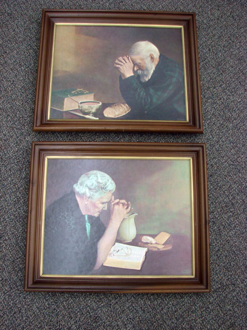 Vintage 1970&#8217;s Grace &#038; Gratitude Wood Framed Prints Man Woman Praying, Moose-R-Us.Com Log Cabin Decor