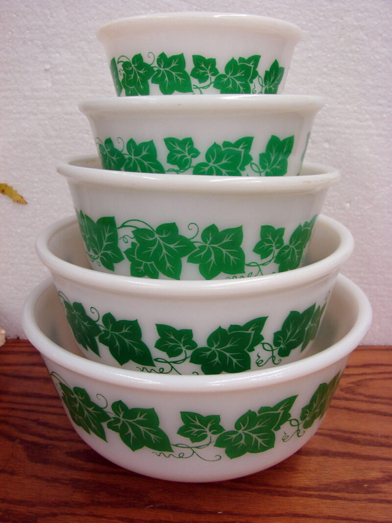 Vintage Hazel Atlas Green Ivy Milk Glass Mixing Nesting Bowl Set/5, Moose-R-Us.Com Log Cabin Decor