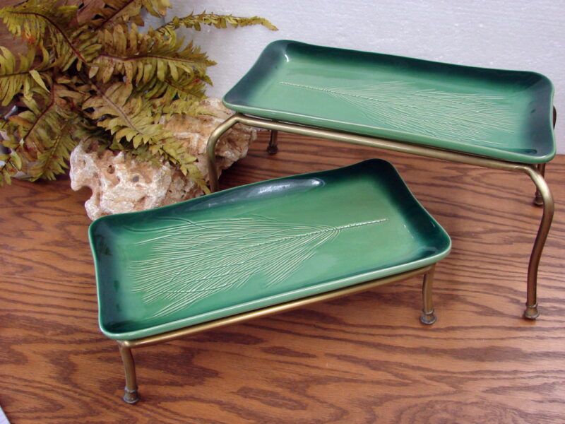 Vintage Kay Wayne Stoneware Pottery Tray on Iron Stands Pine Needle Serving Trays, Moose-R-Us.Com Log Cabin Decor