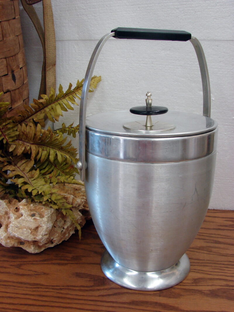 Vintage Atomic Kromex Ice Bucket MCM Brushed Aluminum Black Accents, Moose-R-Us.Com Log Cabin Decor