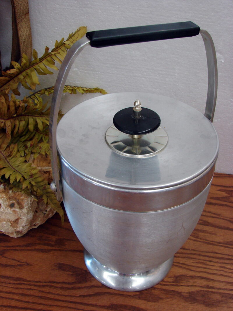 Vintage Atomic Kromex Ice Bucket MCM Brushed Aluminum Black Accents, Moose-R-Us.Com Log Cabin Decor