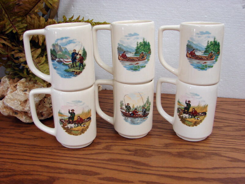 Vintage Pedernal Pottery Colombia Currier Ives Outdoor Hunting Fishing Scene Mugs, Moose-R-Us.Com Log Cabin Decor