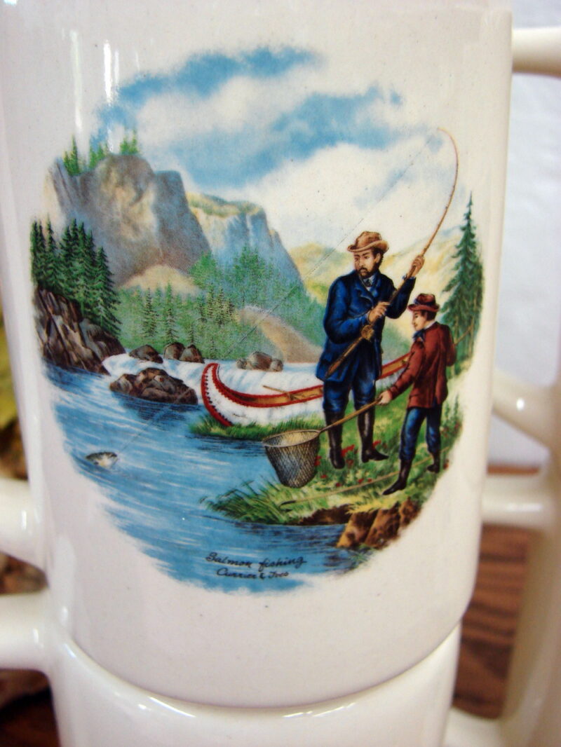 Vintage Pedernal Pottery Colombia Currier Ives Outdoor Hunting Fishing Scene Mugs, Moose-R-Us.Com Log Cabin Decor