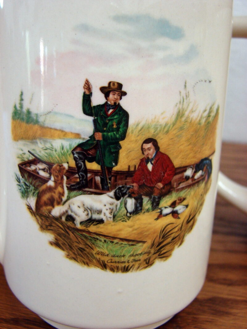 Vintage Pedernal Pottery Colombia Currier Ives Outdoor Hunting Fishing Scene Mugs, Moose-R-Us.Com Log Cabin Decor