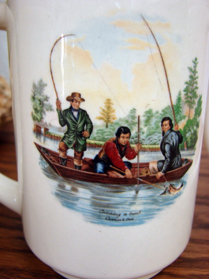 Vintage Pedernal Pottery Colombia Currier Ives Outdoor Hunting Fishing Scene Mugs, Moose-R-Us.Com Log Cabin Decor