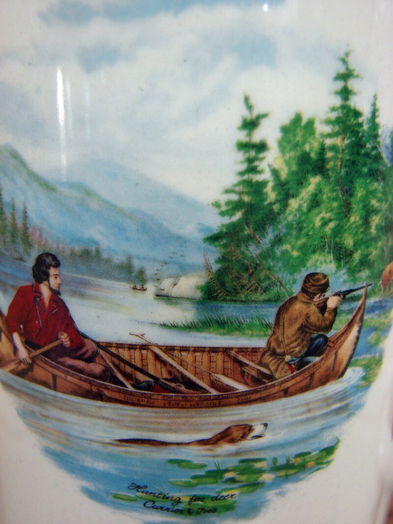 Vintage Pedernal Pottery Colombia Currier Ives Outdoor Hunting Fishing Scene Mugs, Moose-R-Us.Com Log Cabin Decor