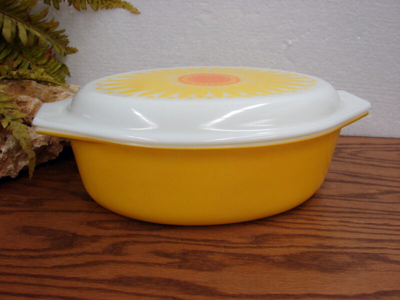 Vintage PYREX Bright Orange Yellow Daisy Sunflower Lid on Oval Casserole, Moose-R-Us.Com Log Cabin Decor