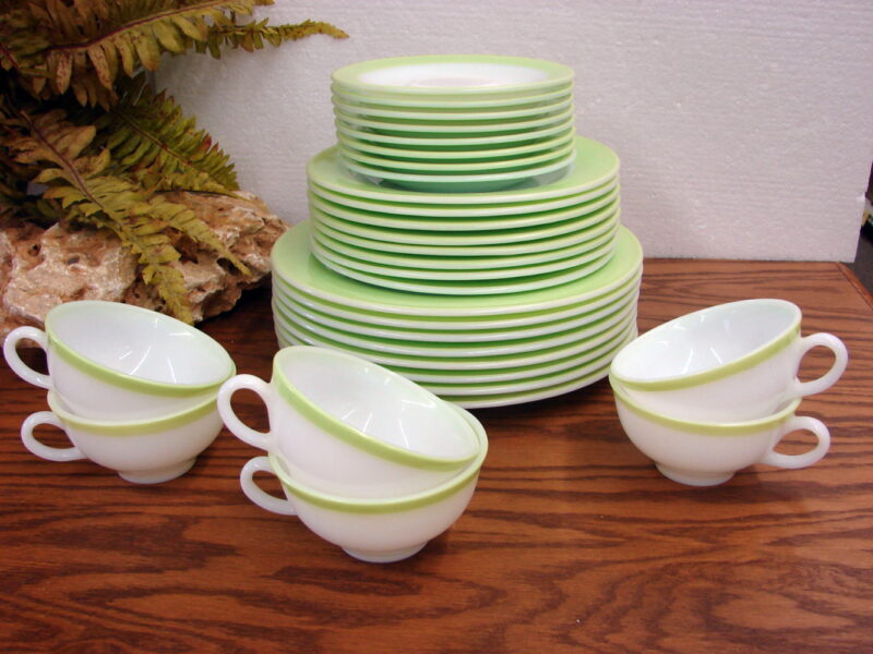 Vintage PYREX Lime Green Band Dinnerware Cups Plates, Moose-R-Us.Com Log Cabin Decor