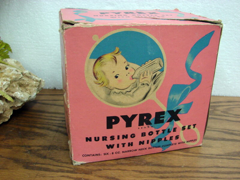 Vintage PYREX Nursing Baby Bottle Set w/ Nipples New In Box 8 Ounce Bottles, Moose-R-Us.Com Log Cabin Decor