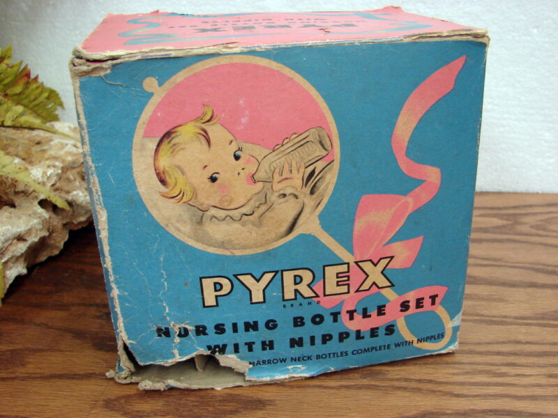 Vintage PYREX Nursing Baby Bottle Set w/ Nipples New In Box 8 Ounce Bottles, Moose-R-Us.Com Log Cabin Decor