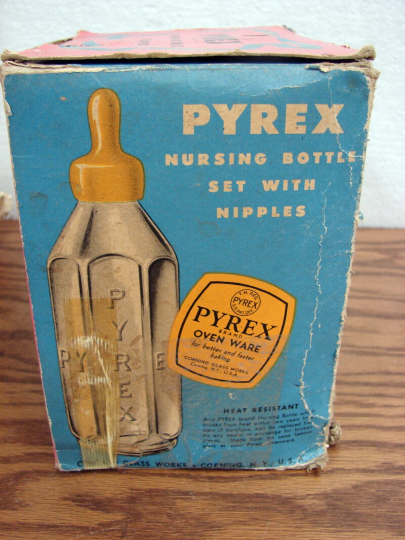 Vintage PYREX Nursing Baby Bottle Set w/ Nipples New In Box 8 Ounce Bottles, Moose-R-Us.Com Log Cabin Decor