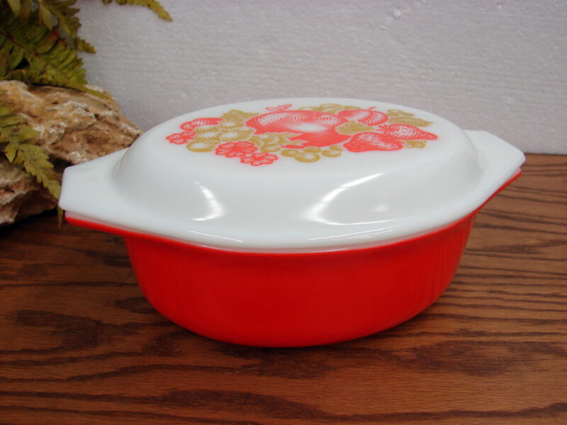 Vintage PYREX Orange Fiesta 043 Oval Casserole w/ Pattern Lid, Moose-R-Us.Com Log Cabin Decor