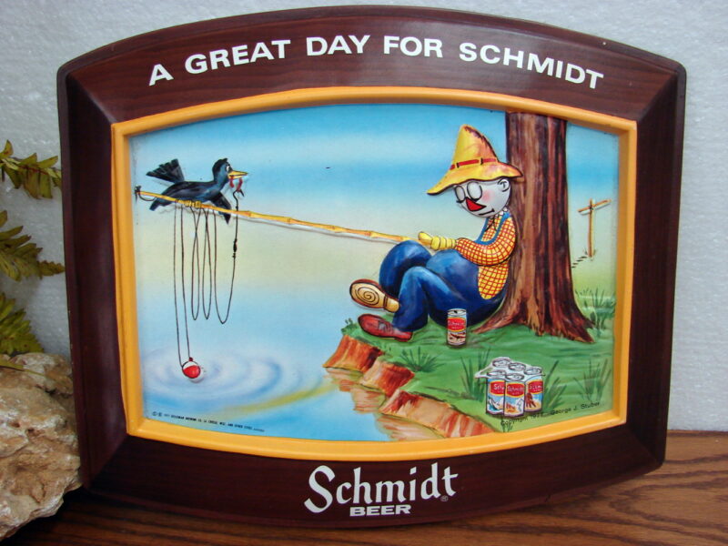 Vintage Fisherman Schmidt Beer 1977 3-D Advertising Sign Never Hung Fishing, Moose-R-Us.Com Log Cabin Decor