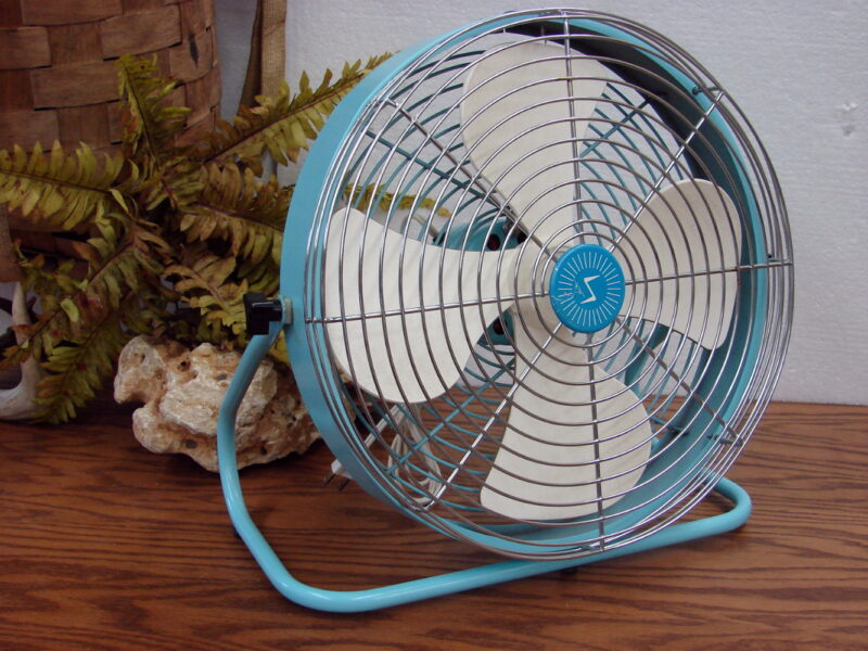 Vintage Mid Century Turquoise Superior Electric Bent Leg Table Fan, Moose-R-Us.Com Log Cabin Decor