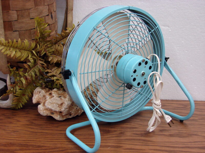 Vintage Mid Century Turquoise Superior Electric Bent Leg Table Fan, Moose-R-Us.Com Log Cabin Decor