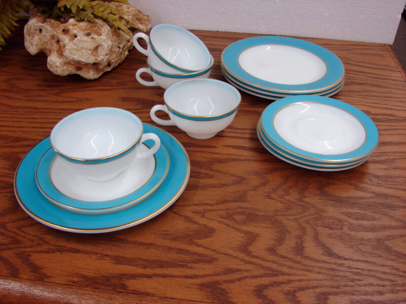 Vintage PYREX Turquoise Blue Gold Luncheon Plate Cup and Saucer 12 Pc Lot, Moose-R-Us.Com Log Cabin Decor