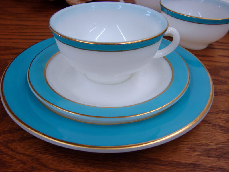 Vintage PYREX Turquoise Blue Gold Luncheon Plate Cup and Saucer 12 Pc Lot, Moose-R-Us.Com Log Cabin Decor