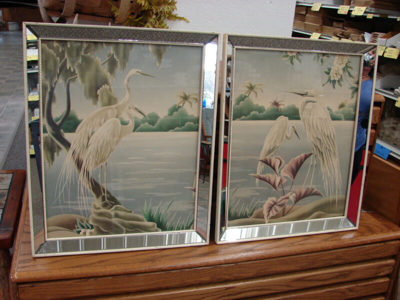 Vintage Mid Century Modern Pair Turner Egret Mirrored Wall Picture Prints, Moose-R-Us.Com Log Cabin Decor