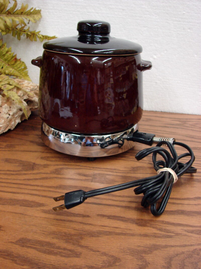 Vintage All Stoneware West Bend Bean Pot w/ Chrome Heat-Rite Warmer Plate, Moose-R-Us.Com Log Cabin Decor