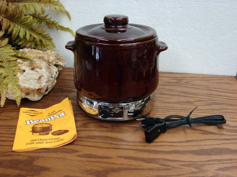 Vintage All Stoneware West Bend Bean Pot w/ Chrome Heat-Rite Warmer Plate, Moose-R-Us.Com Log Cabin Decor