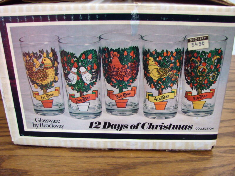 Vintage Brockway Hazel Atlas Complete Set 12 Days of Christmas Glasses NIB, Moose-R-Us.Com Log Cabin Decor