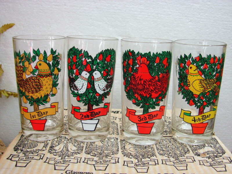 Vintage Brockway Hazel Atlas Complete Set 12 Days of Christmas Glasses NIB, Moose-R-Us.Com Log Cabin Decor