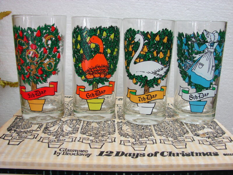 Vintage Brockway Hazel Atlas Complete Set 12 Days of Christmas Glasses NIB, Moose-R-Us.Com Log Cabin Decor