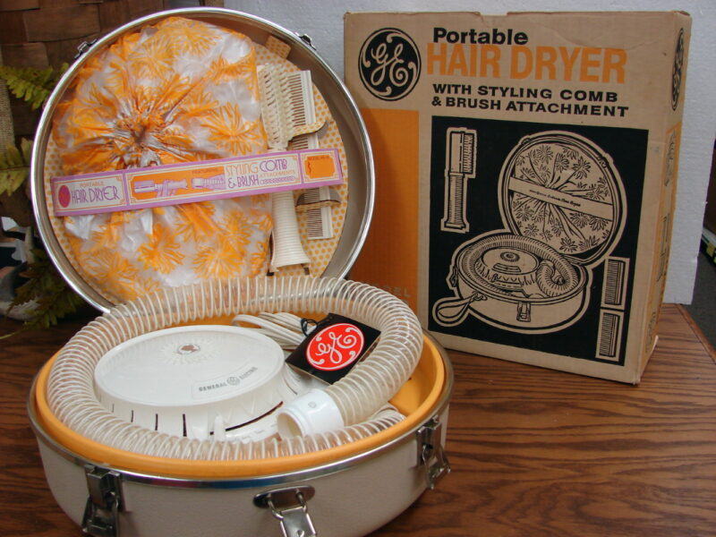 Vintage MCM GE Portable Bonnet Hair Dryer w/ Accessories Works Original Box, Moose-R-Us.Com Log Cabin Decor