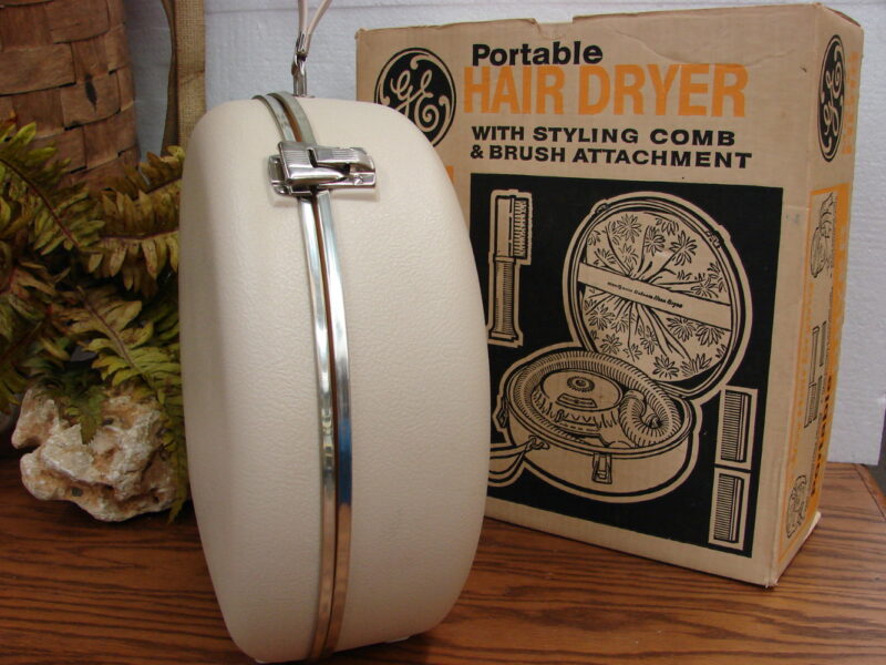 Vintage MCM GE Portable Bonnet Hair Dryer w/ Accessories Works Original Box, Moose-R-Us.Com Log Cabin Decor