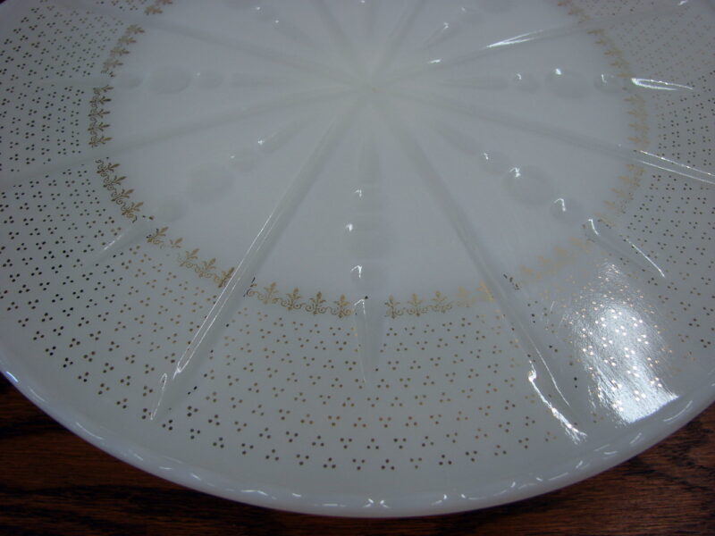 Vintage Anchor Hocking Pedestal Footed Cake Stand Milk Glass Gold Accents, Moose-R-Us.Com Log Cabin Decor